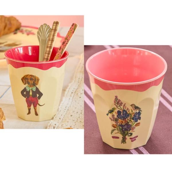 ナタリーレテ カップ メラミン 犬/小鳥と花束 250ml レッド/ピンク コップ rice ライス