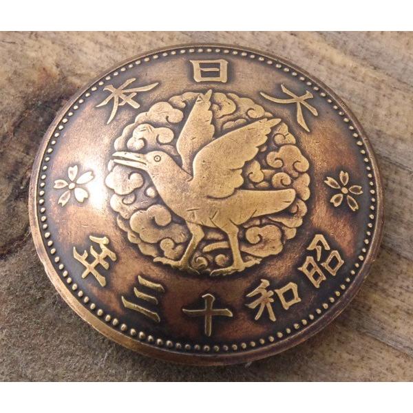コンチョ　ボタン　本物コイン使用　日本古銭　カラス一銭銅貨　カラス面　直径約22mm　sizeb　動...