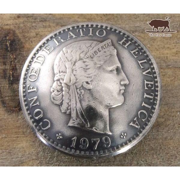 コンチョ　ボタン　本物コイン使用　スイス　20サンチーム　ヘルベティア　頭像　直径約20mm　siz...