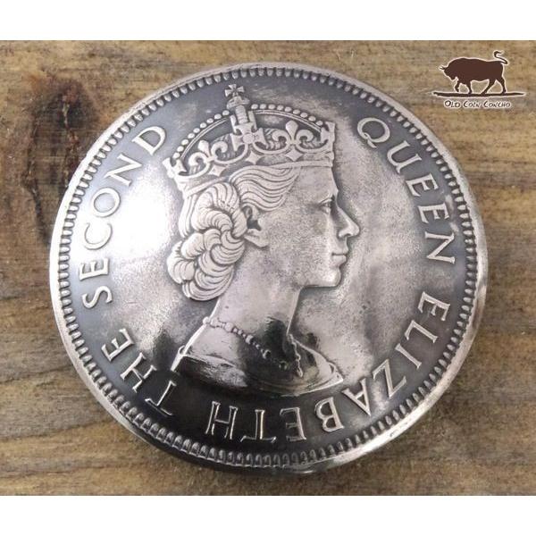 コンチョ　ボタン　本物コイン使用　香港　1ドル　エリザベス2世　直径約30mm　sizec　人物　コ...