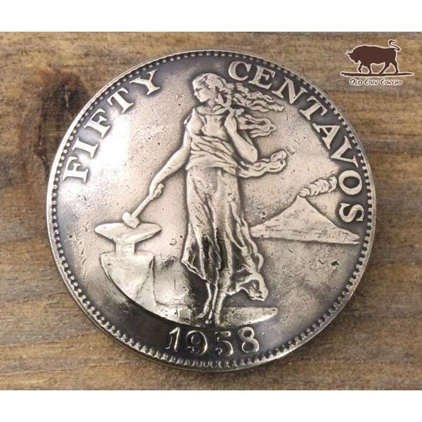 コンチョ　ボタン　本物コイン使用　フィリピン　50センタボ　活火山と女性像　直径約29mm　size...