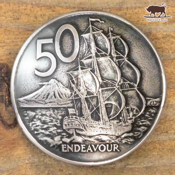 コンチョ　ボタン　本物コイン使用　ニュージーランド　50セント　エンデバー号　帆船　直径約31mm　...