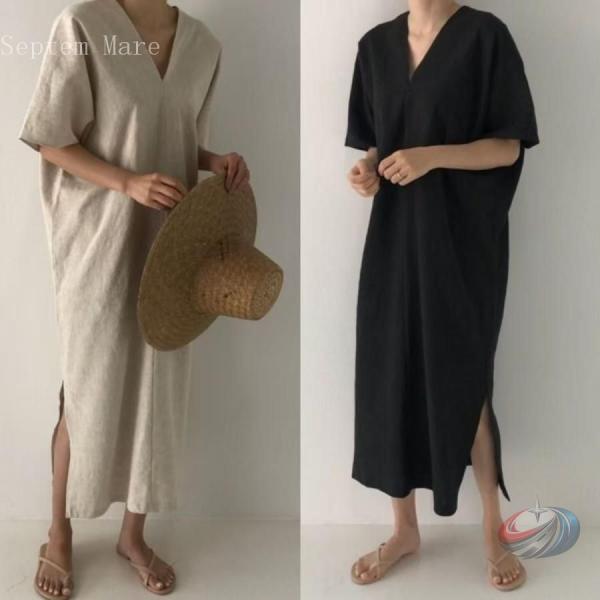 在庫一掃 ワンピース レディース リネンワンピース Vネック スリット マキシワンピース 大きいサイ...