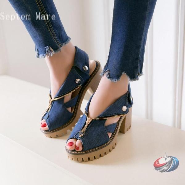 サンダルレディース復古レジャーデニムハイヒールサンダル厚底歩きやすいウェッジソールオープントゥ株式会...