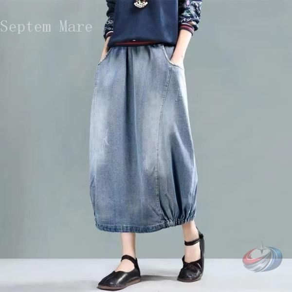バルーンスカート 膝丈 レディース スカート ロング デニムスカート ロングスカート 春 ドッキング...