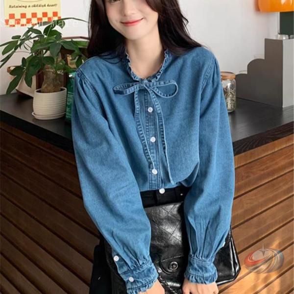 ブラウス レディース トップス シャツ デニム 立ち襟 フリル リボン ボウタイ 長袖 2024 春...