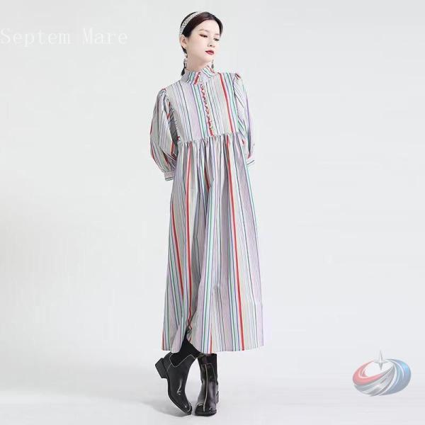 ワンピース ロング 半袖 七分丈 レディース モード系 個性的 マルチストライプ 不規則 ミディアム...