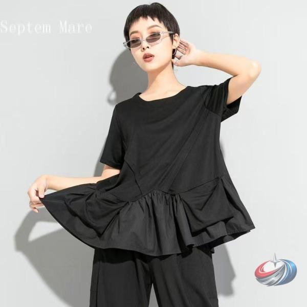 トップス レディース 半袖 モード系 Tシャツ 個性的 不規則 大人 きれいめ プリーツ ルーズ ア...