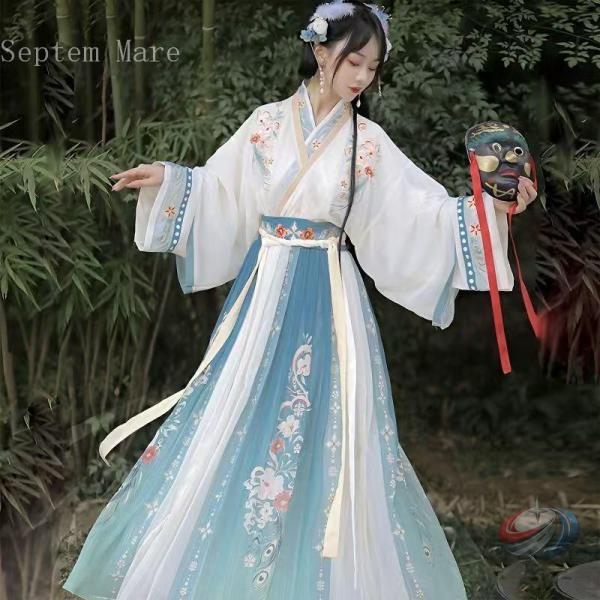 中国古代服装 レディース 漢服 3点セット 花刺繍 コスプレ ゾンチー シフォンの軽やかさで写真映え...