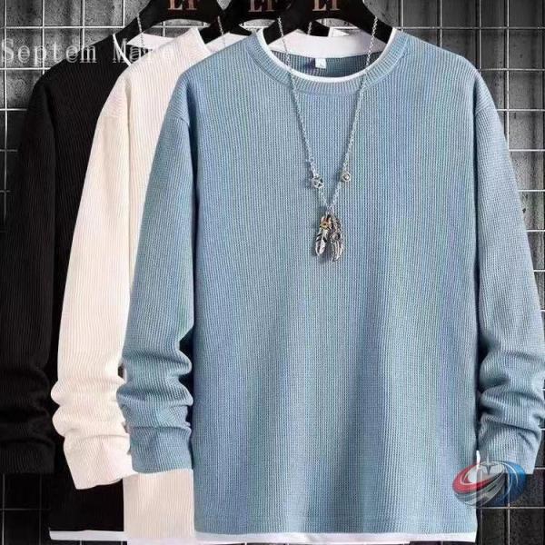 ワッフル風の重ね着デザイン長袖スウェットニットTシャツ クルーネック メンズ 春秋シーズン ゆったり...