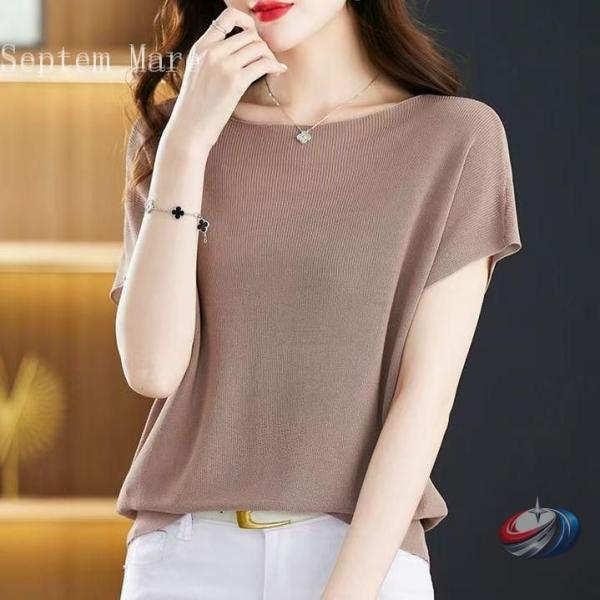 サマーニット レディース 冷感 ボートネック 半袖 フレンチスリーブ ドルマン ゆったり 無地 体型...