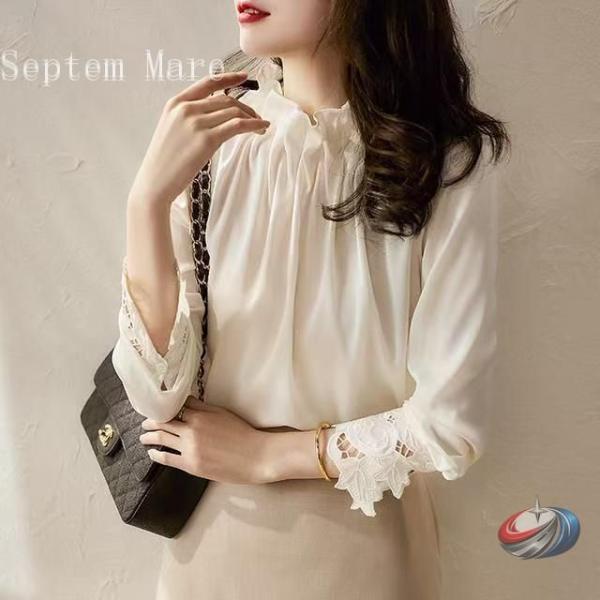 ブラウス フリル襟 レディース シャツ トップス 長袖 ハイネック レース袖 セレモニー 光沢感 フ...