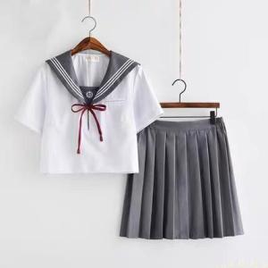 セーラー服 4点セット グレー襟 ゾンチー 長袖 半袖対応 白×グレー リボン付きで学生風コーデを楽...