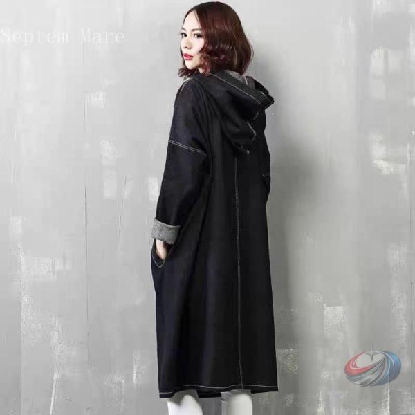 デニム コート フード付き レディース ロング アウター スプリングコート ライトアウタートレンチコ...