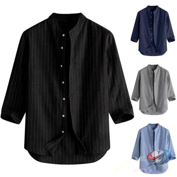ストライプシャツ メンズ 七分袖シャツ カジュアルシャツ夏物 バンドカラー ビジネス カジュアル ト...