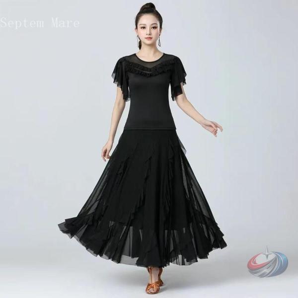 ダンスウェア4色社交ダンス衣装スカートダンストップス半袖胸元フリルチュール大きい裾ダンススカート株式...