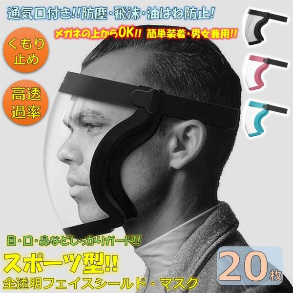 フェイスシールド スポーツ型 全透明 大容量 業務用 20枚 フェイスガード 透明マスク ヘッドバン...