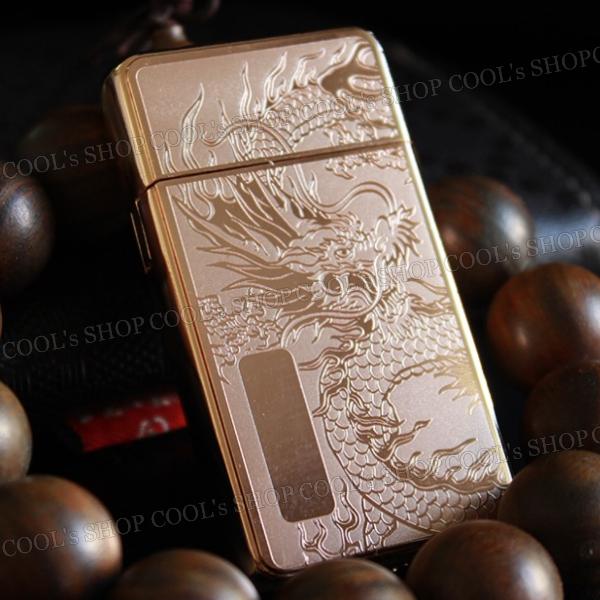 昇り龍 デザイン 赤炎 ターボ ライター スリム シンプル 薄型 軽量 ゴールド 金 和柄 和彫り ...