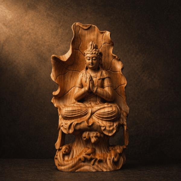 木彫り観音像 約11.5cm 手彫り 置物 インテリア 天然木 小型仏像 風水 お守り