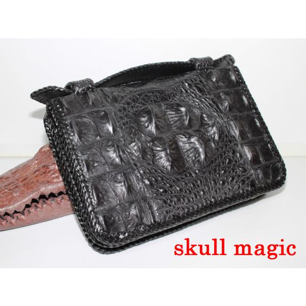 最高級受注生産モデル！シャムクロコダイル セカンドバッグ 黒（シャムワニ 王冠コブ+背コブ）サドルレ...