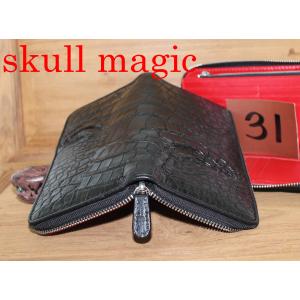 【新品未使用】シャムワニ革　長財布　人気のダブルファスナー No27 最高級モデル！ 尾Vウィング部分 シャムクロコダイル 20mm極薄