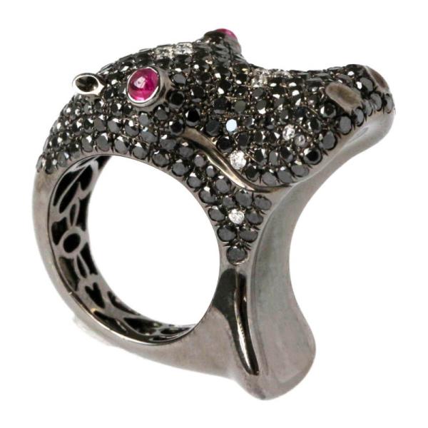カバ ブラックダイヤモンド ルビー K18WG リング ホワイトゴールド アニマルモチーフ 13号 ...