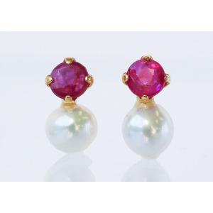 ルビー 淡水真珠 K10 スタッドピアス 7月 6月 誕生石 プチピアス 普段使い イエローゴールド...