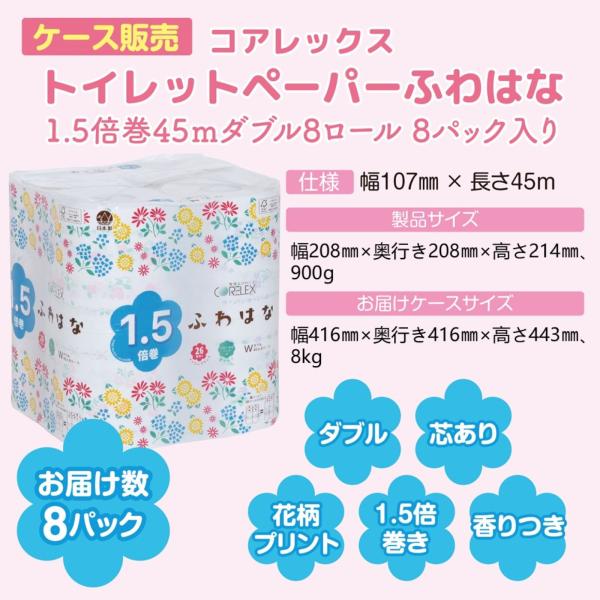 【ケース販売】コアレックストイレットペーパーふわはな1.5倍巻45ｍダブル8ロール8パック入り