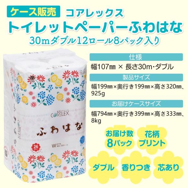 【ケース販売】コアレックストイレットペーパーふわはな30ｍダブル12ロール8パック入り