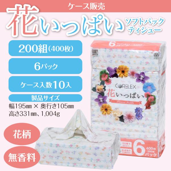 【ケース販売】「花いっぱいティシュー」200組（400枚）6パック×10入り
