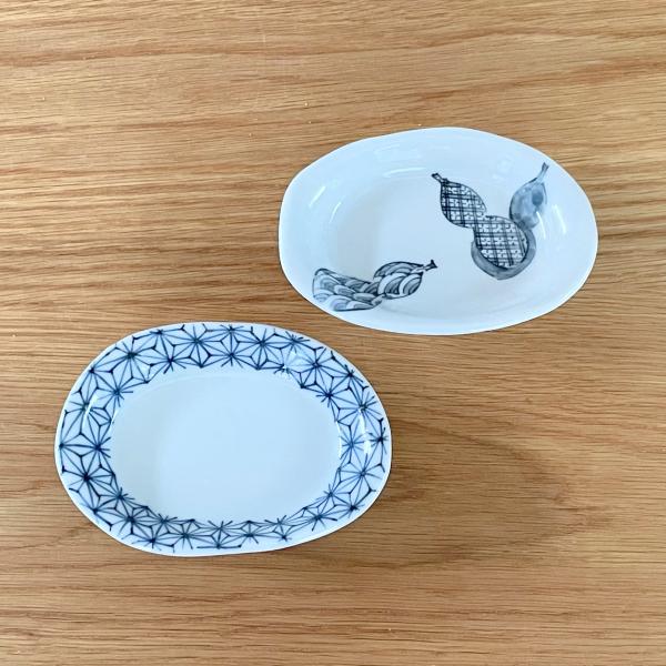 九谷焼 ／ 3.6号楕円皿/小皿 豆皿/ 三瓢箪 染麻の葉 / 和陶房 おしゃれ　かわいい　和食器　...