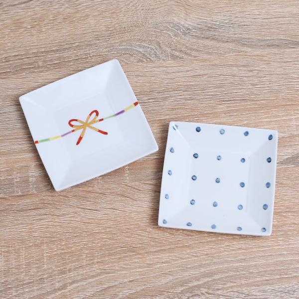 九谷焼 ／ 豆皿　角皿　小皿　おしゃれ　かわいい　和食器　結び文　3号　豆しぼり　縁起物　贈り物 ／...