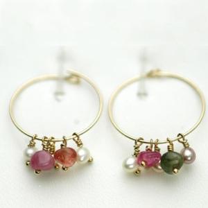 キャンディゴールドリングピアス/トルマリン＆パールパワーストーン　天然石