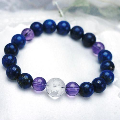 ラピスラズリ＆アメジスト＆龍彫り水晶　パワーストーン　メンズブレスレット　天然石　送料無料