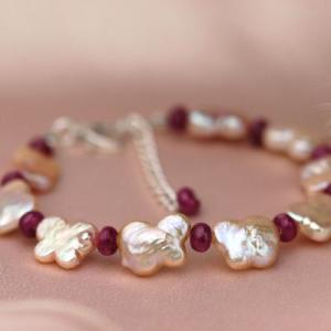 ルビー＆パール（真珠）パピヨンブレスレット　レディース　送料無料　パワーストーン天然石　恋愛運アップ...