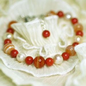 珊瑚＆パール&amp;サードニクスブレスレット　レディース　結婚運・家庭運アップ　パワーストーン　天然石　送...