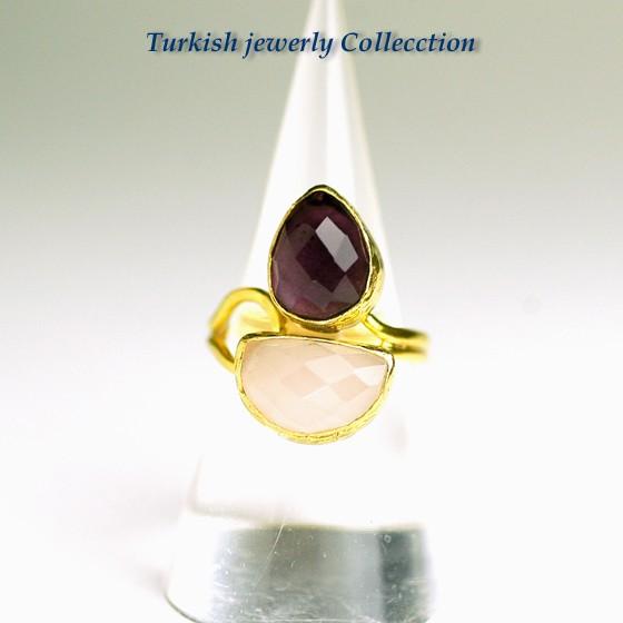 【売り尽くし半額セール】ターキッシュ２ストーン1 ローズクォーツ＆アメジズト　指輪フリーサイズ　癒し...