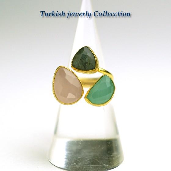 【売り尽くし半額セール】ローズクォーツ＆カルセドニー＆ラブラトライト　ターキッシュ3ストーンリング2...