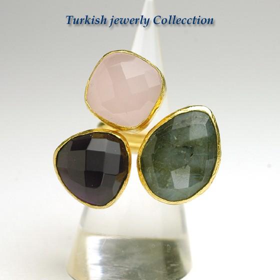 【売り尽くし半額セール】ターキッシュ3ストーンリング4　ローズクォーツ＆アメジスト＆ラブラトライト　...