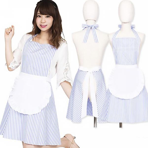 コスプレ メイド フリルストライプエプロン ブルー ブルー ウェイトレス 制服 可愛い 衣装 コスチ...