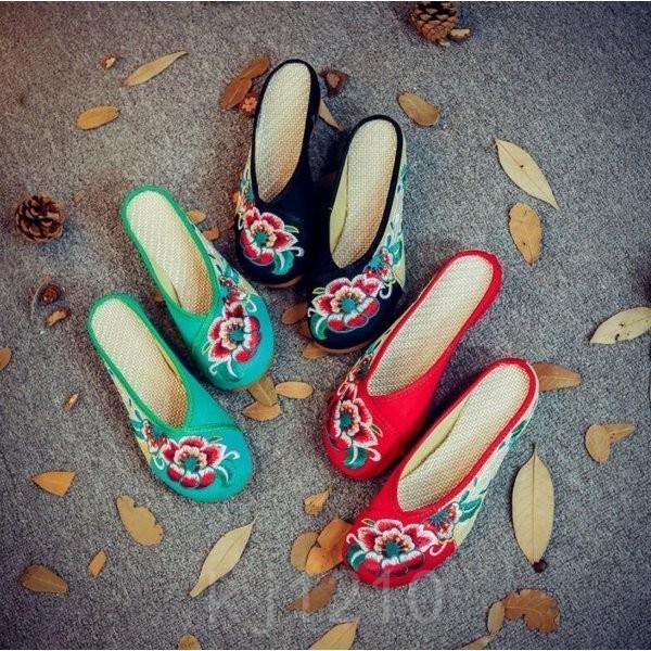 チャイナ靴レディースミュール刺繍コンフォートサンダル中華シューズ布靴花柄3色グリーン