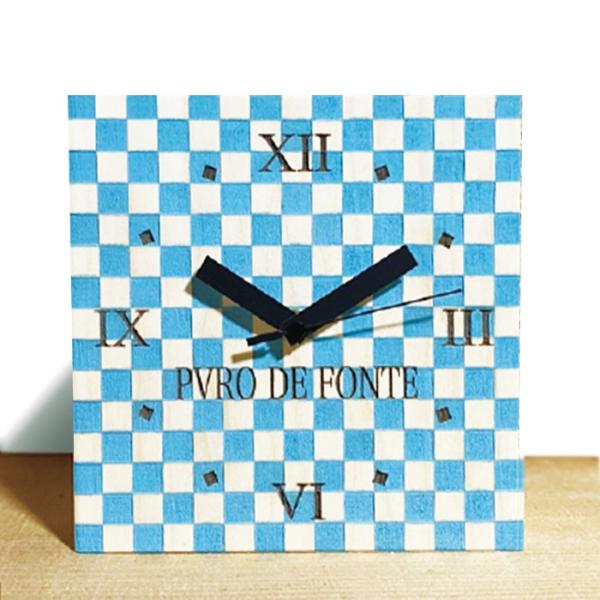 置き時計 おしゃれ 市松模様 ブルー スタンド台付き 朴木