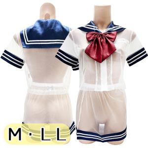 シースルーセーラー服 上下セット Ｍ Ｌ wbb-0213 セーラー リボン付き レディース 半袖 ミニ丈 コスチューム コスプレ 衣装 透け 洗濯可