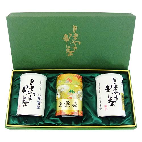自社製茶工場で仕上げる老舗茶屋の緑茶 贈答用 3種缶入りギフト箱セット 煎茶豊国一・杵築城・上煎茶 ...