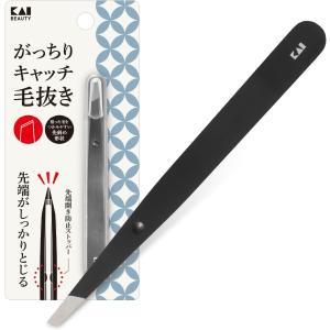 貝印 がっちりキャッチ毛抜き ブラック 毛抜き 先斜 眉毛 髭 キャップ付き KQ3224