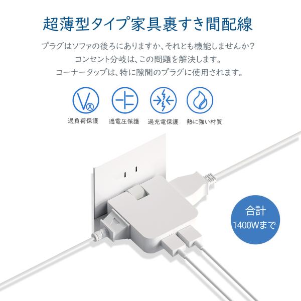 業界最軽量への挑戦！僅37g 電源タップ スナップタップコーナータ コンパクト すき間ココンセント ...
