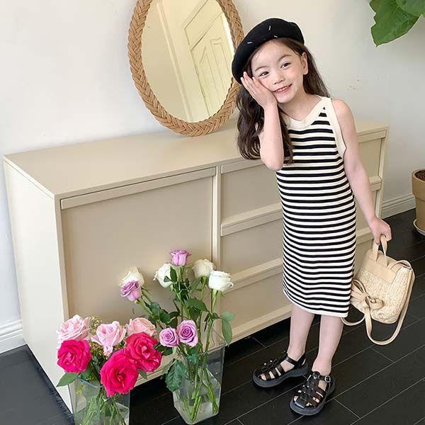 韓国子ども服 ワンピース キッズ 子供服 女の子 夏服 ロングTシャツ ジュニア ストライプ おしゃ...