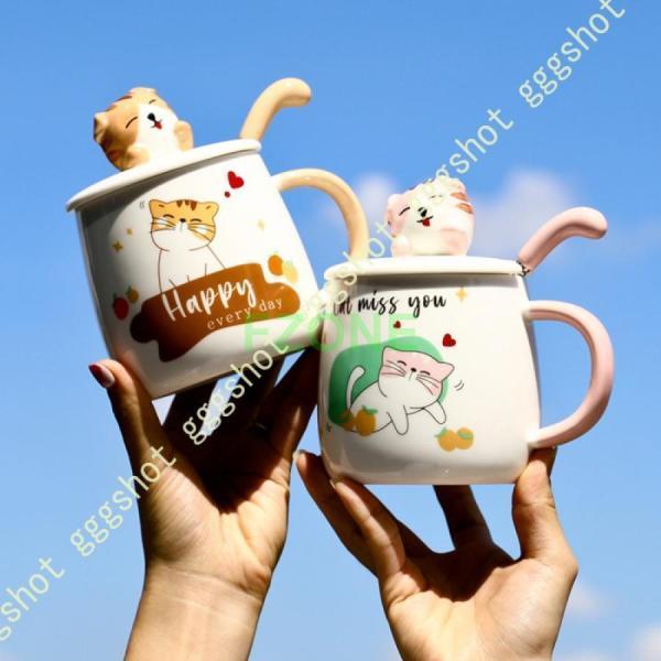 マグカップ 猫 かわいい 400ml コーヒーカップ コップ カップ 北欧 シンプル 蓋付き カフェ...
