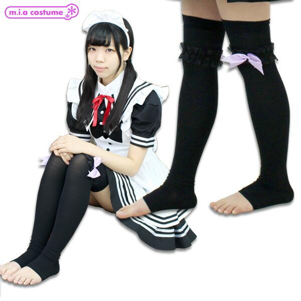 1261B▲【送料無料・即納】 リボンレース付きトゥレスオーバーニー 色：ブラック×パープル サイズ...