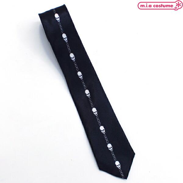 1307C■【送料無料・即納】B品 ネクタイ 細身ドクロ×チェーン柄 色：黒×白 ブラック ホワイト...